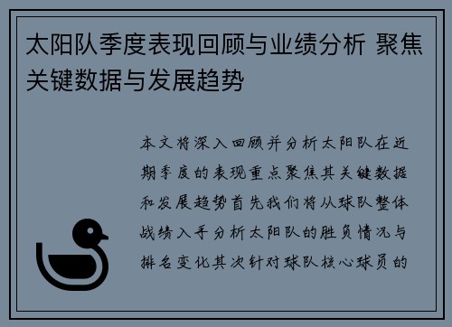 太阳队季度表现回顾与业绩分析 聚焦关键数据与发展趋势