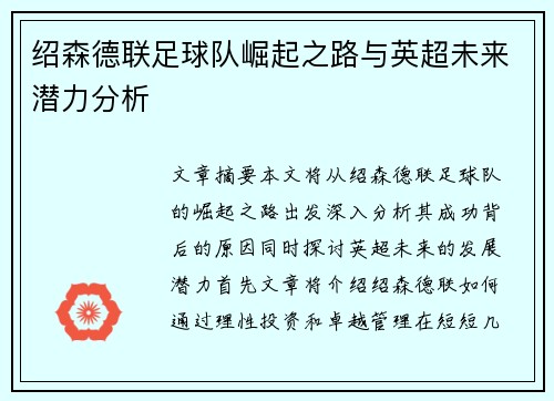 绍森德联足球队崛起之路与英超未来潜力分析